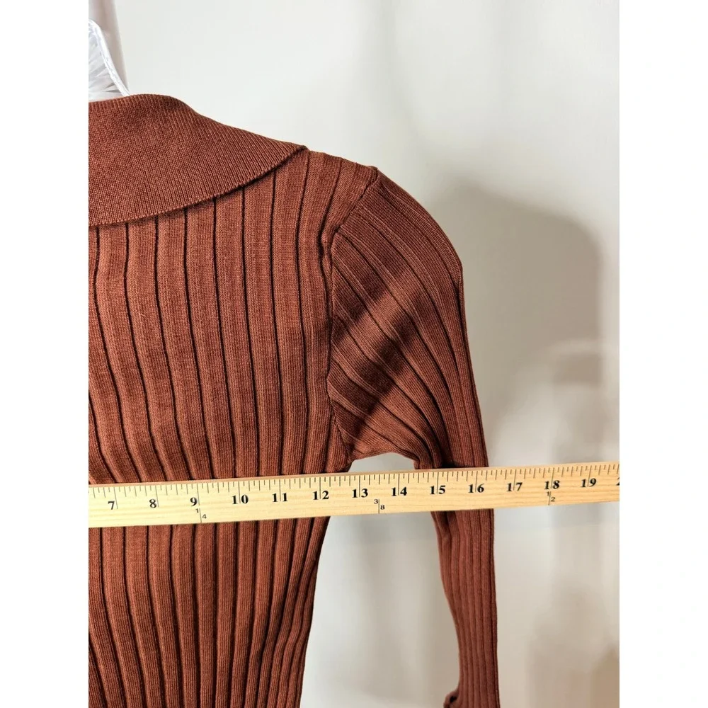 Rumours Brown Ribbed Knit Collared Cardigan Wide Cuff Button Front Top Small